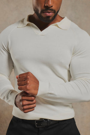 Pure Cotton Knitted Open Collar Polo Shirt in Winter White