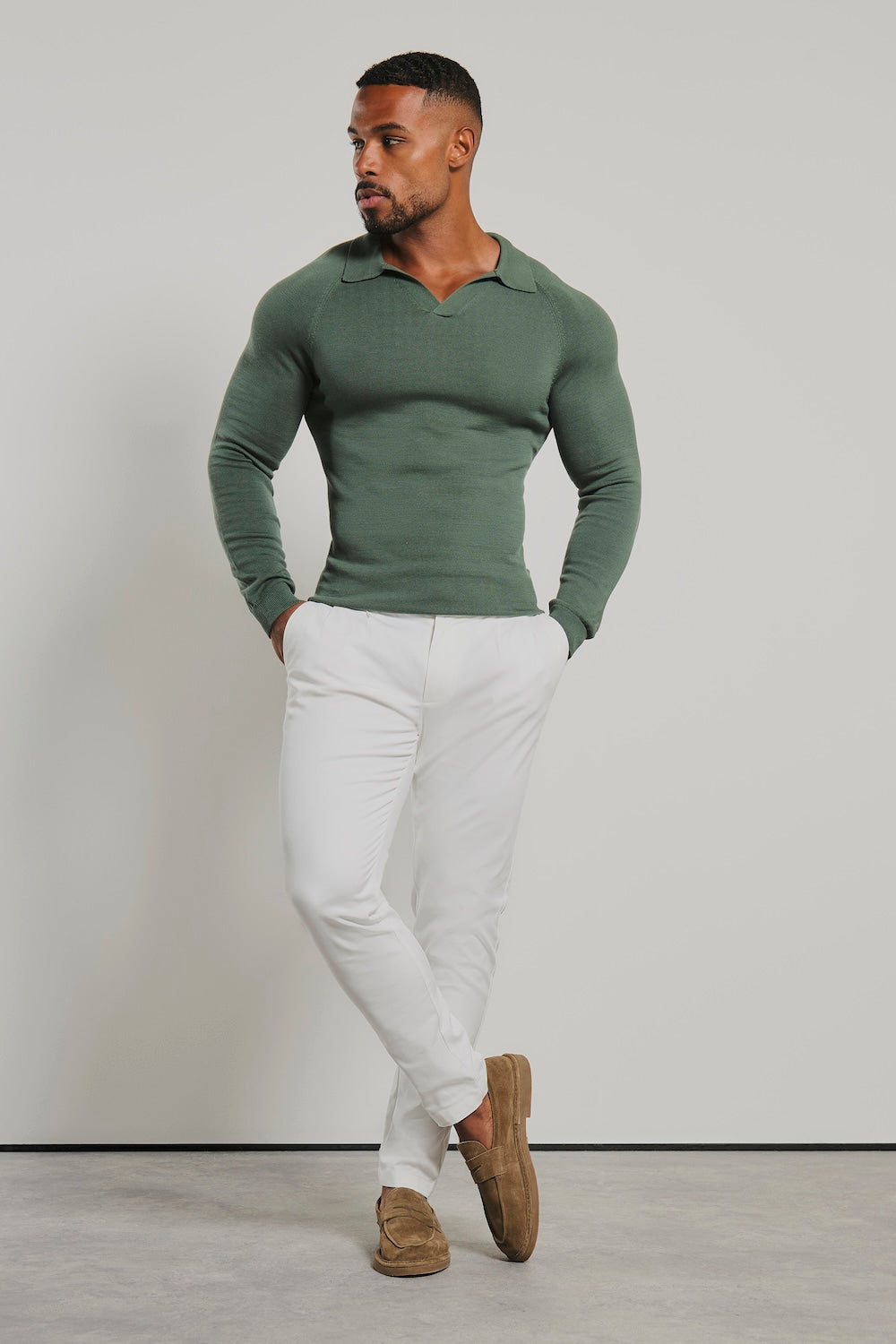 Pure Cotton Knitted Open Collar Polo Shirt in Moss Green