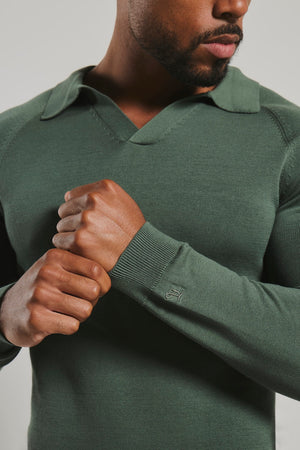 Pure Cotton Knitted Open Collar Polo Shirt in Moss Green