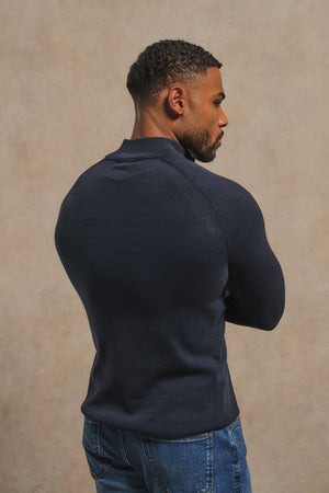 Pure Cotton Knitted Half Zip Neck Jumper in Navy