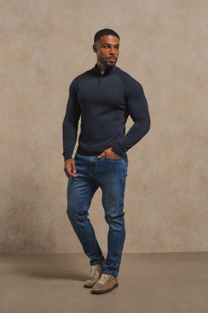 Pure Cotton Knitted Half Zip Neck Jumper in Navy