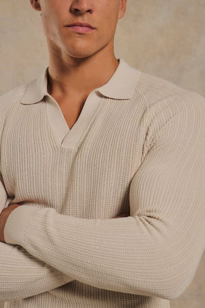 Textured Knitted Open Collar Polo Shirt in Ecru