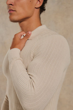 Textured Knitted Open Collar Polo Shirt in Ecru