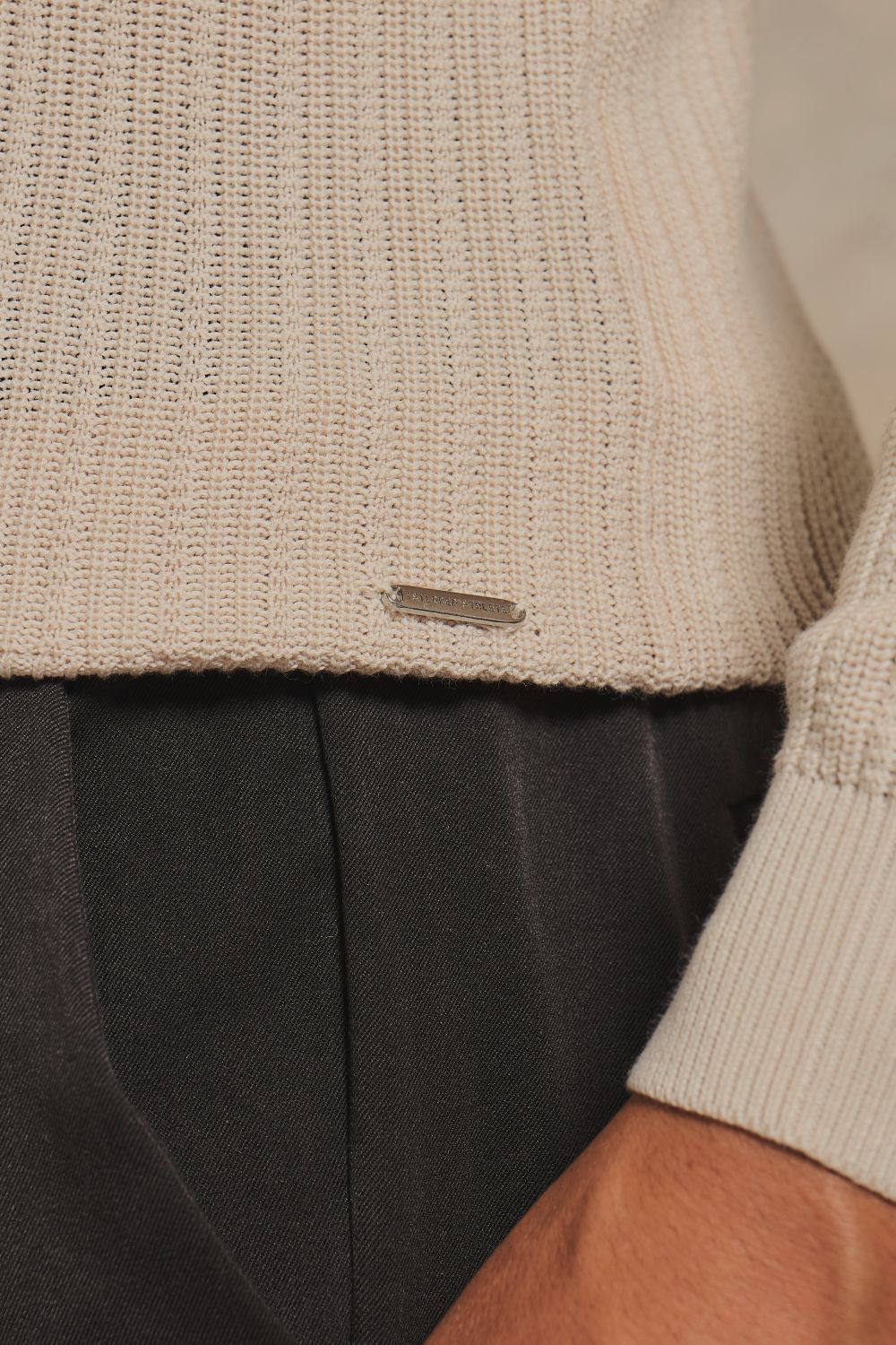 Textured Knitted Open Collar Polo Shirt in Ecru
