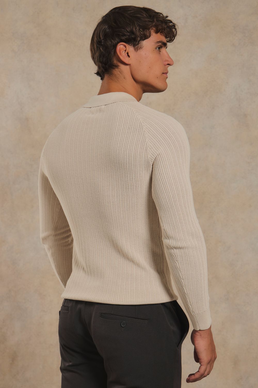 Textured Knitted Open Collar Polo Shirt in Ecru