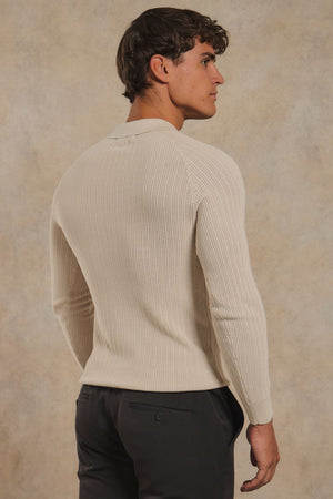 Textured Knitted Open Collar Polo Shirt in Ecru