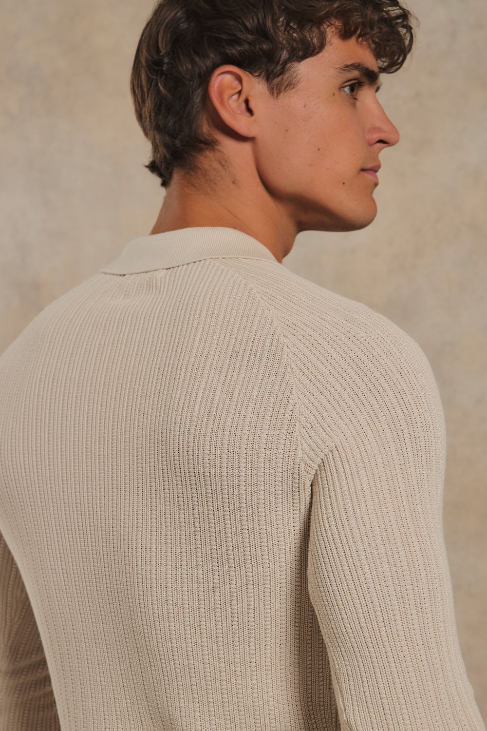 Textured Knitted Open Collar Polo Shirt in Ecru