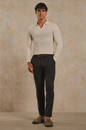 Textured Knitted Open Collar Polo Shirt in Ecru