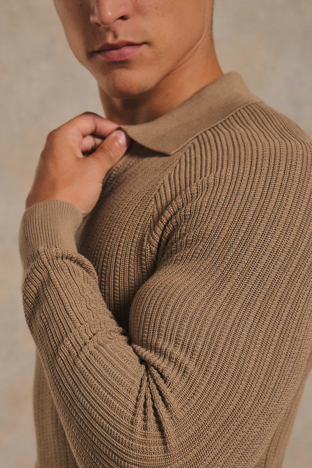Textured Knitted Open Collar Polo Shirt in Camel