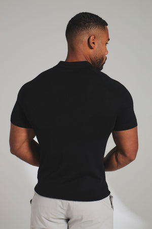 Extra Fine Merino Wool Knitted Open Collar Polo Shirt in Black