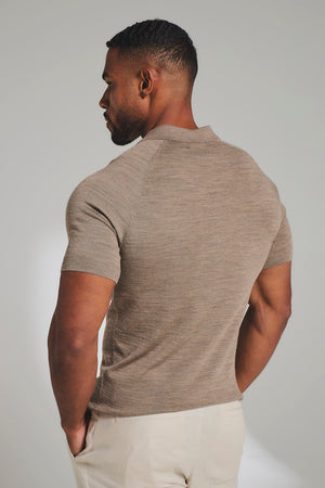 Extra Fine Merino Wool Knitted Open Collar Polo Shirt in Camel Marl