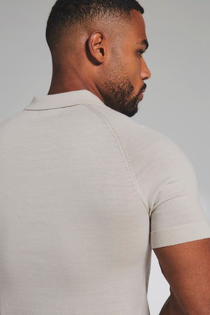 Extra Fine Merino Wool Knitted Open Collar Polo Shirt in Alabaster