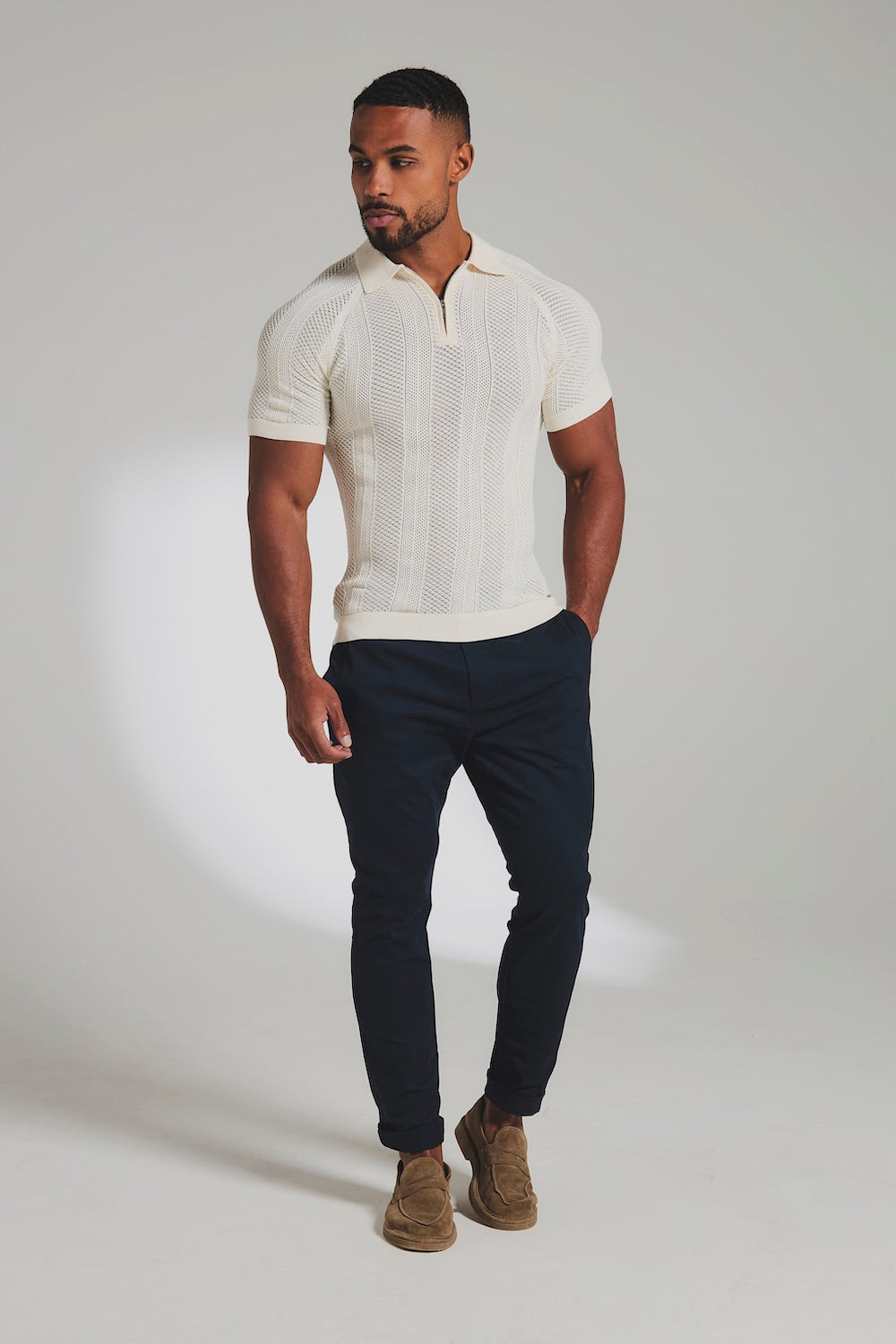 Textured Knitted Zip Neck Polo Shirt In Chalk
