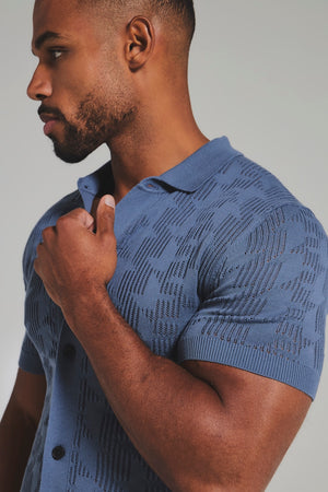 Geo Crochet Knitted Shirt in Slate Blue