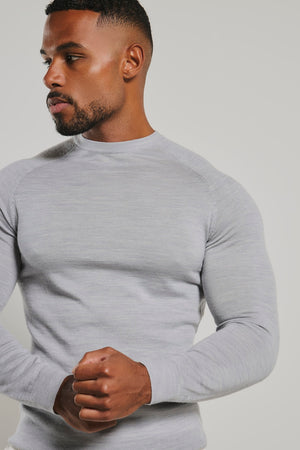 Extra Fine Merino Wool Crew Neck Jumper in Silver Grey Marl