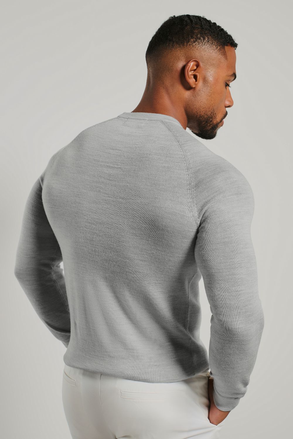 Extra Fine Merino Wool Crew Neck Jumper in Silver Grey Marl