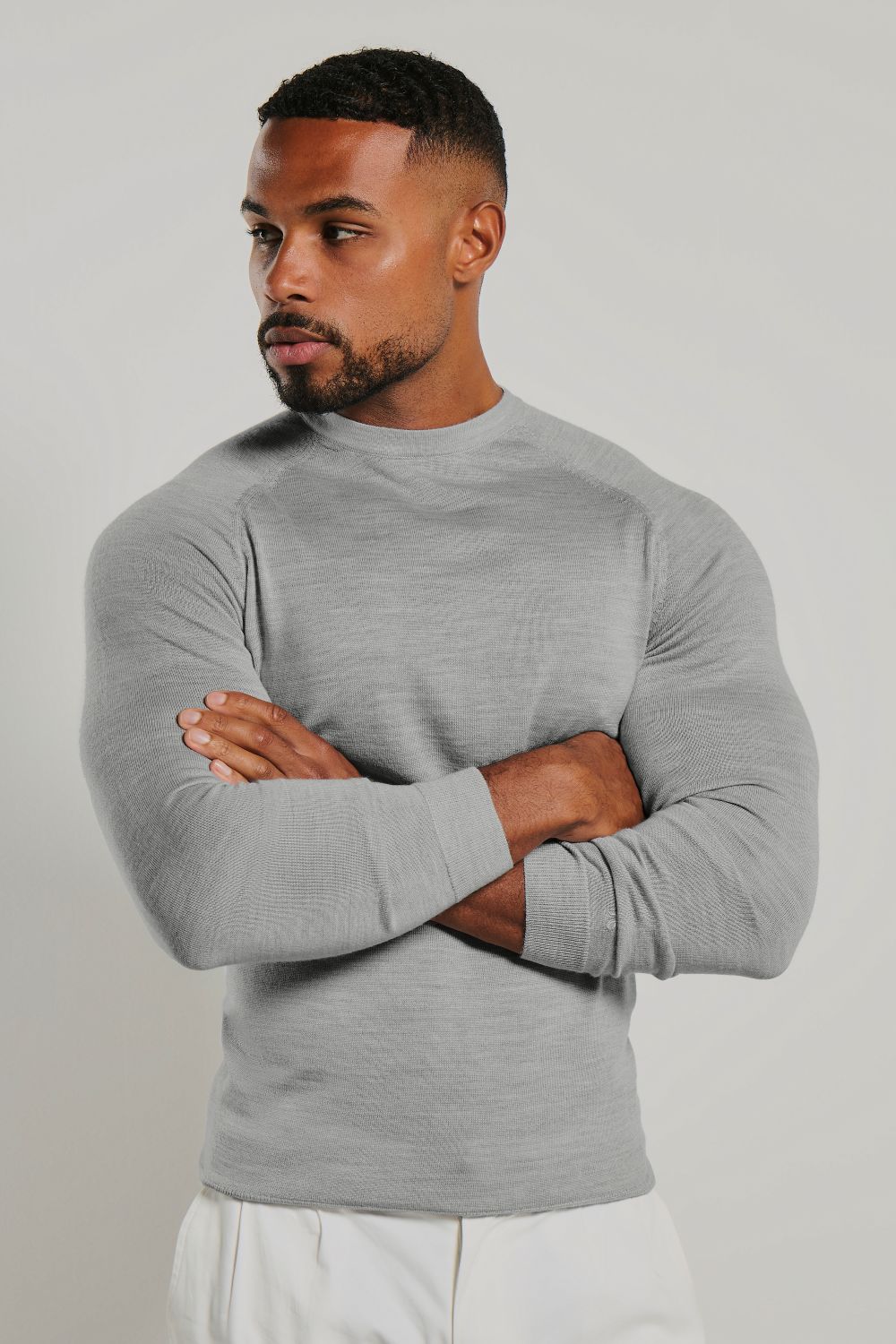 Extra Fine Merino Wool Crew Neck Jumper in Silver Grey Marl