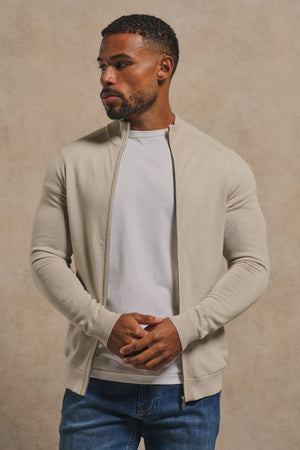 Extra Fine Merino Wool Knitted Zip Through in Ecru