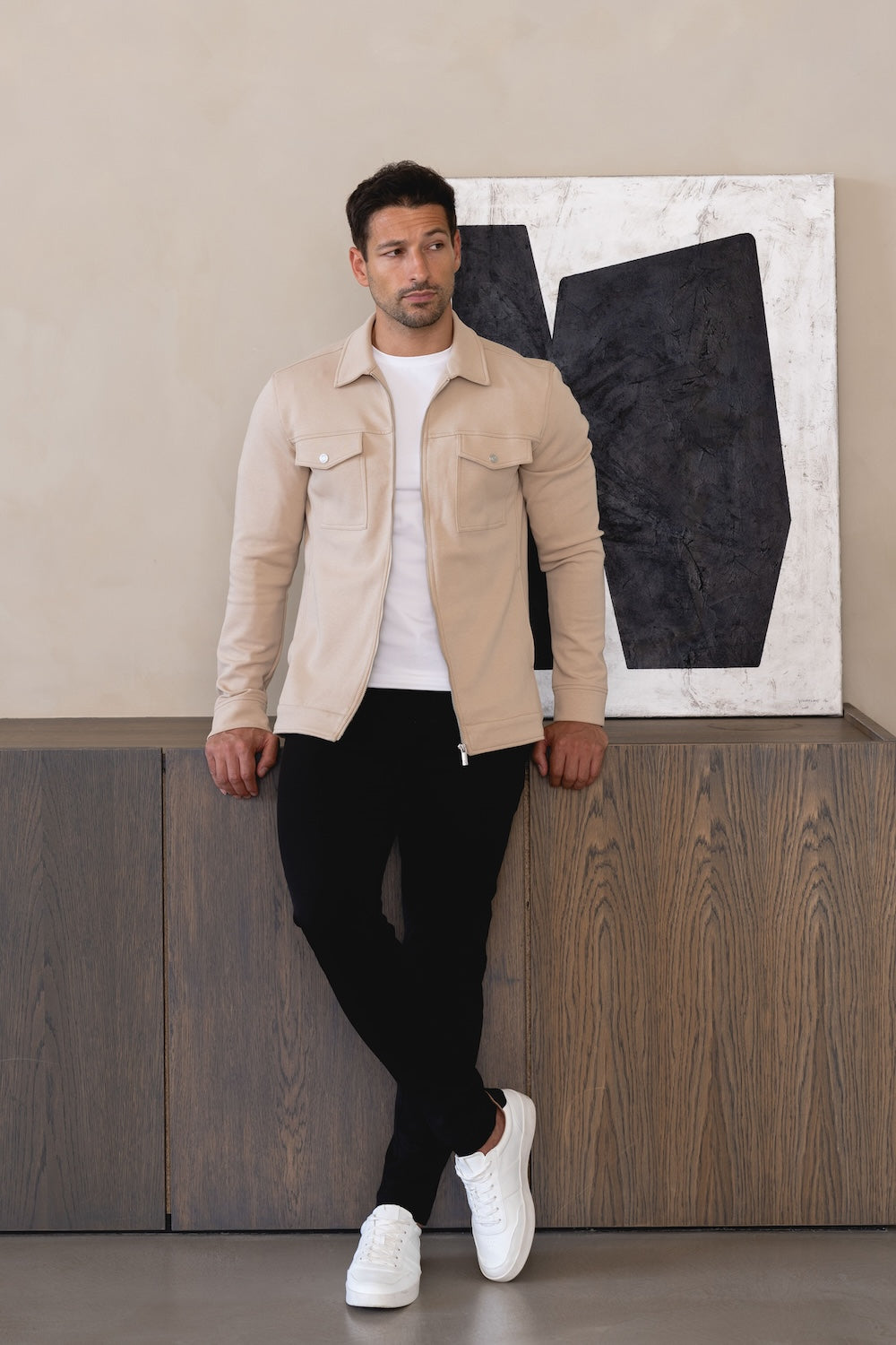 Interlock Jersey Zip Through Shacket in Stone