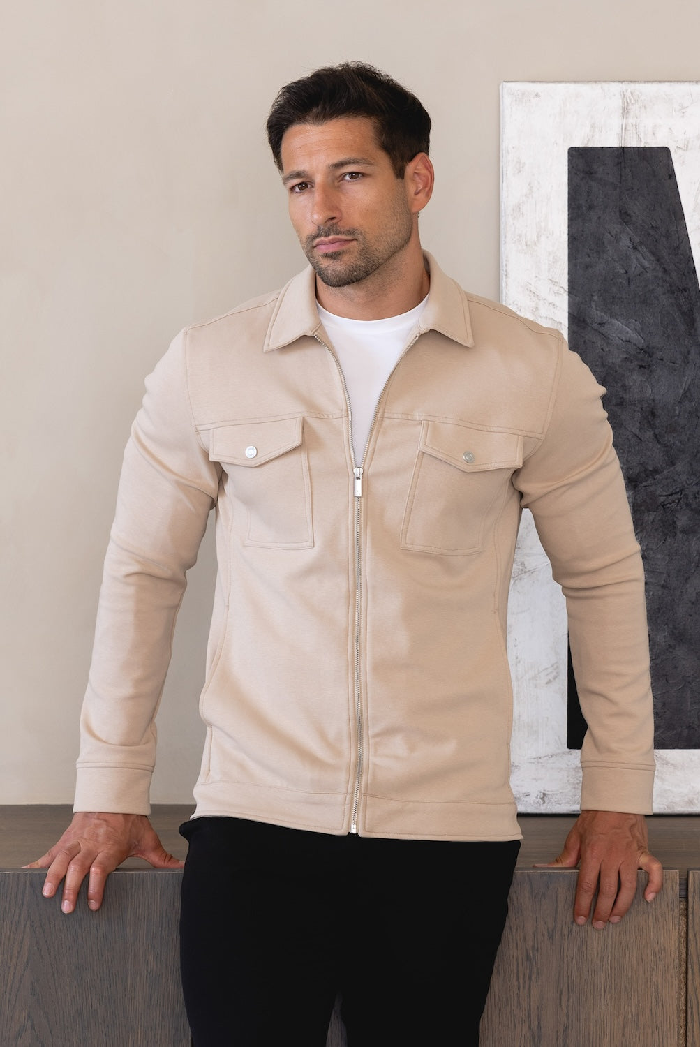 Interlock Jersey Zip Through Shacket in Stone