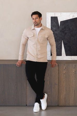 Interlock Jersey Zip Through Shacket in Stone