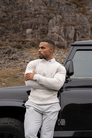 Fisherman Crew Neck Jumper in Soft Grey