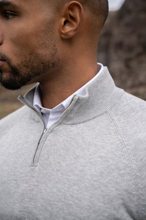 Pure Cotton Knitted Half Zip Neck Jumper in Silver Grey Marl