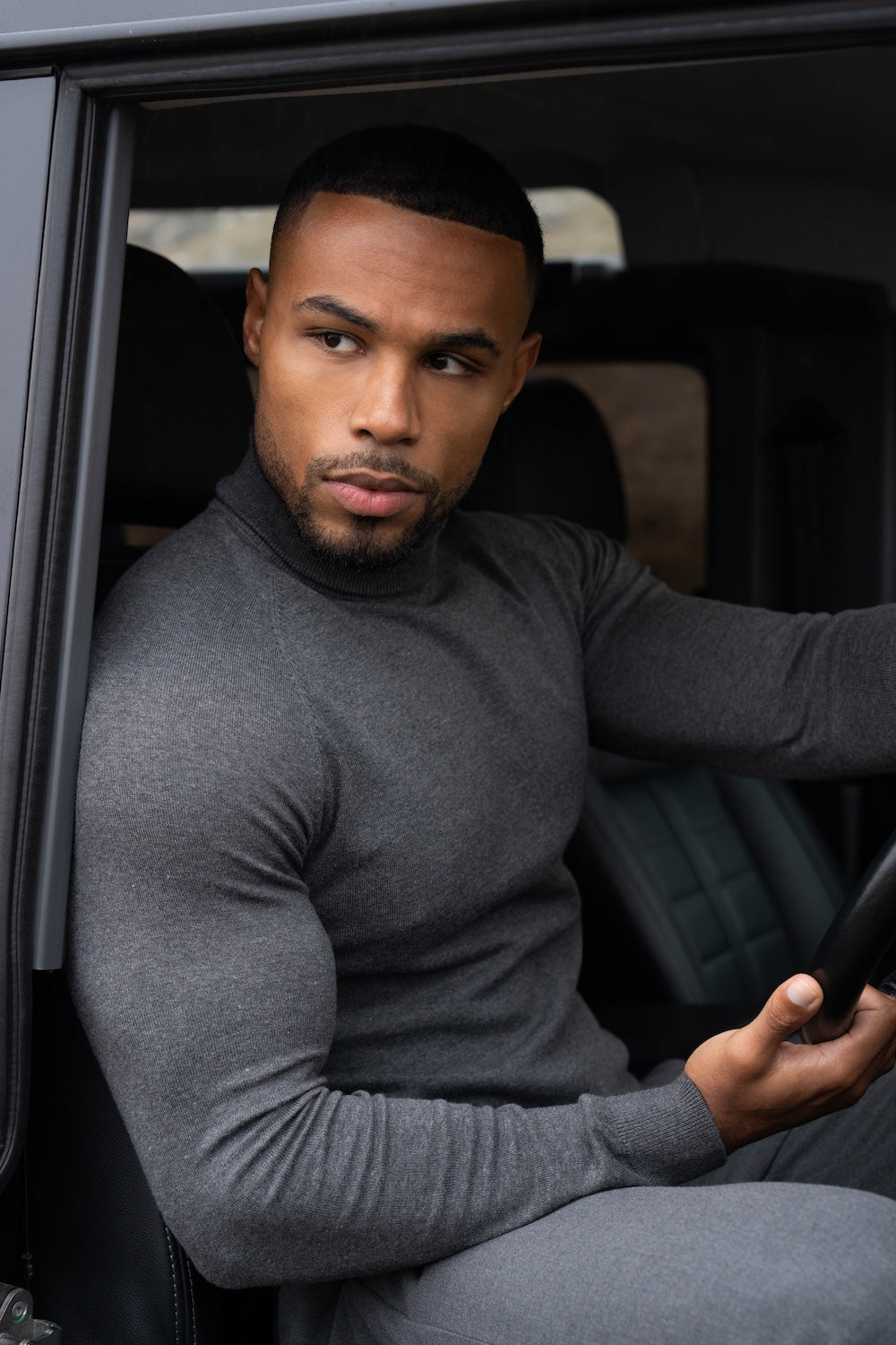 Cotton Blend Roll Neck Jumper in Charcoal