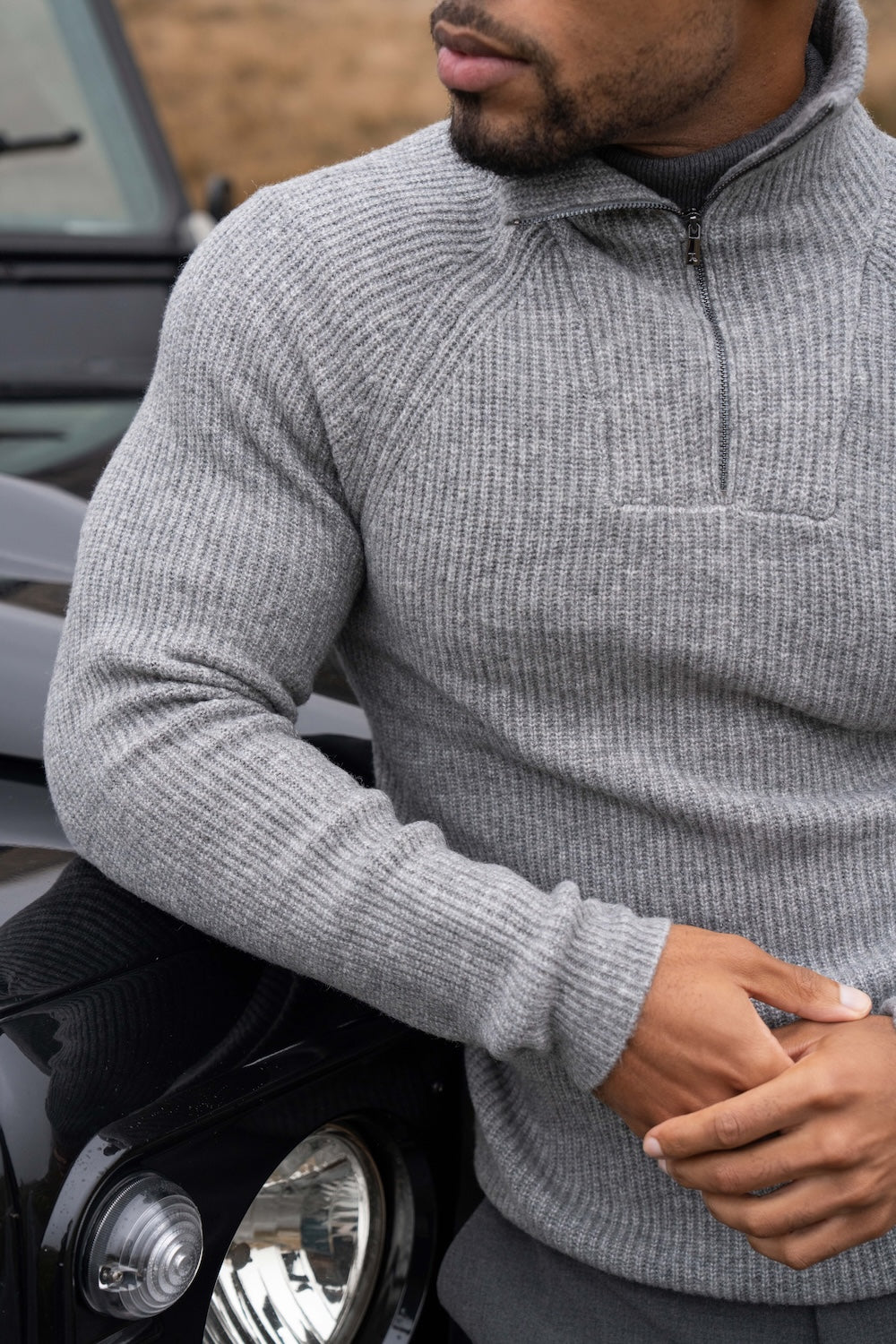 Fisherman Rib Half Zip in Mid Grey Marl