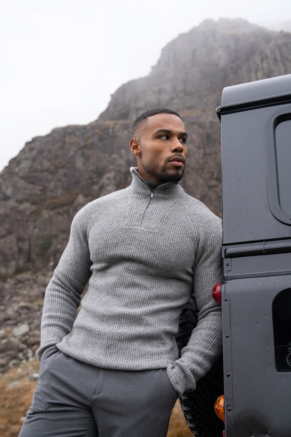 Fisherman Rib Half Zip in Mid Grey Marl