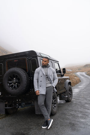 Double Breasted Herringbone Peacoat in Soft Grey