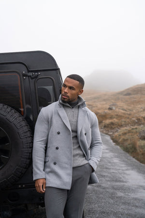Double Breasted Herringbone Peacoat in Soft Grey