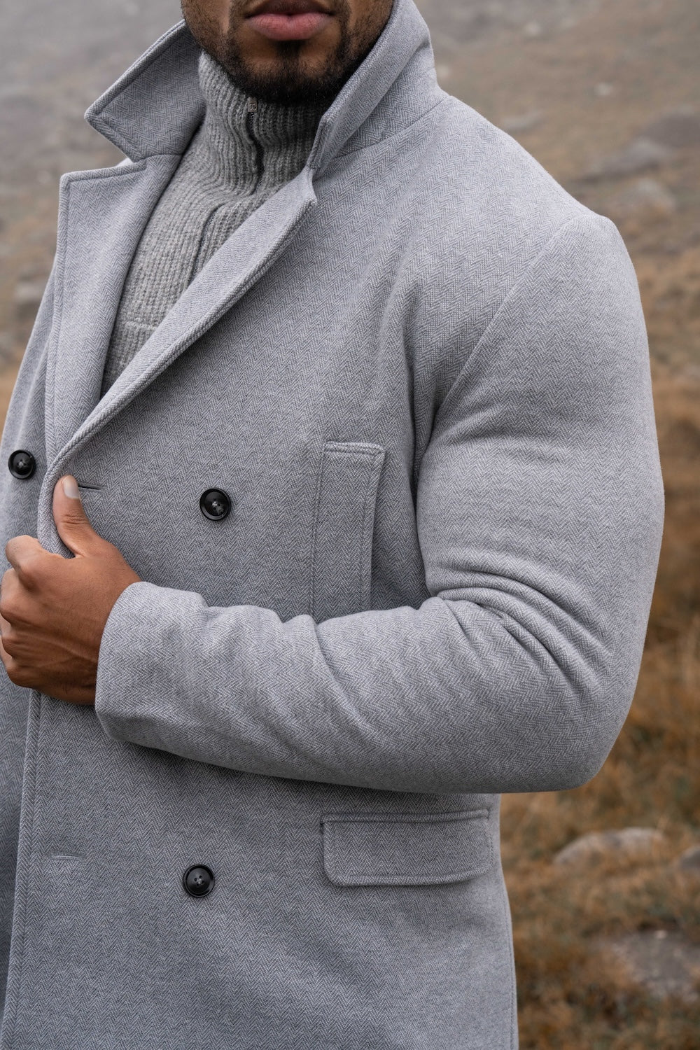 Double Breasted Herringbone Peacoat in Soft Grey