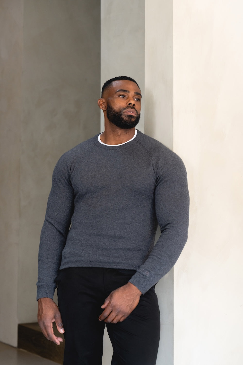 Pure Cotton Knitted Crew Neck Jumper in Dark Charcoal Marl