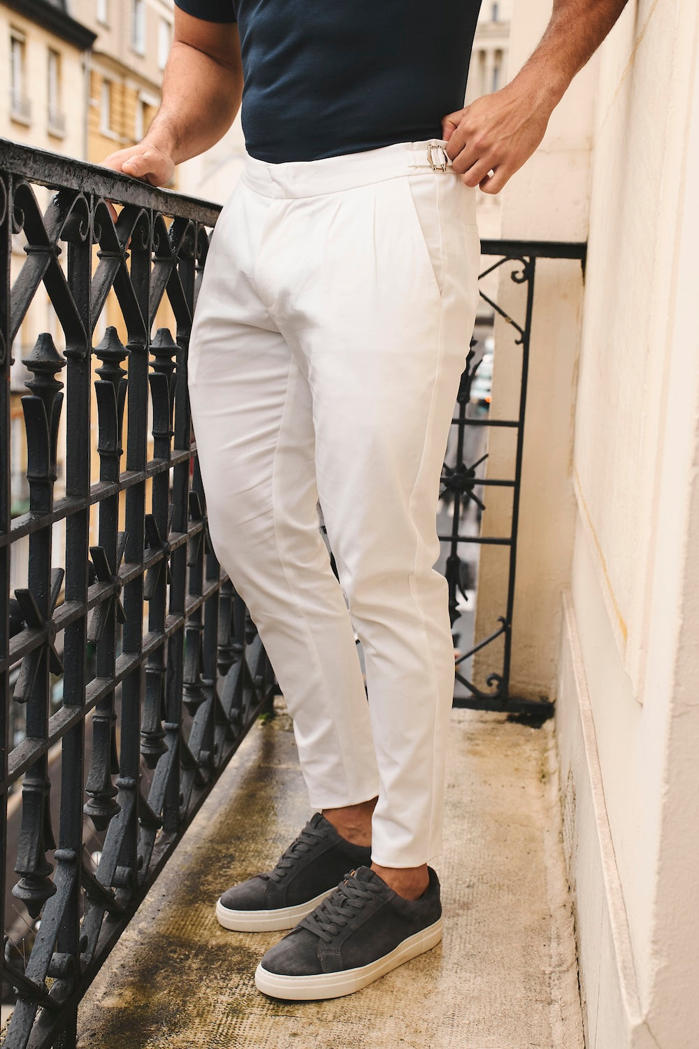 Smart Pleated Cotton Side Adjust Trouser in White