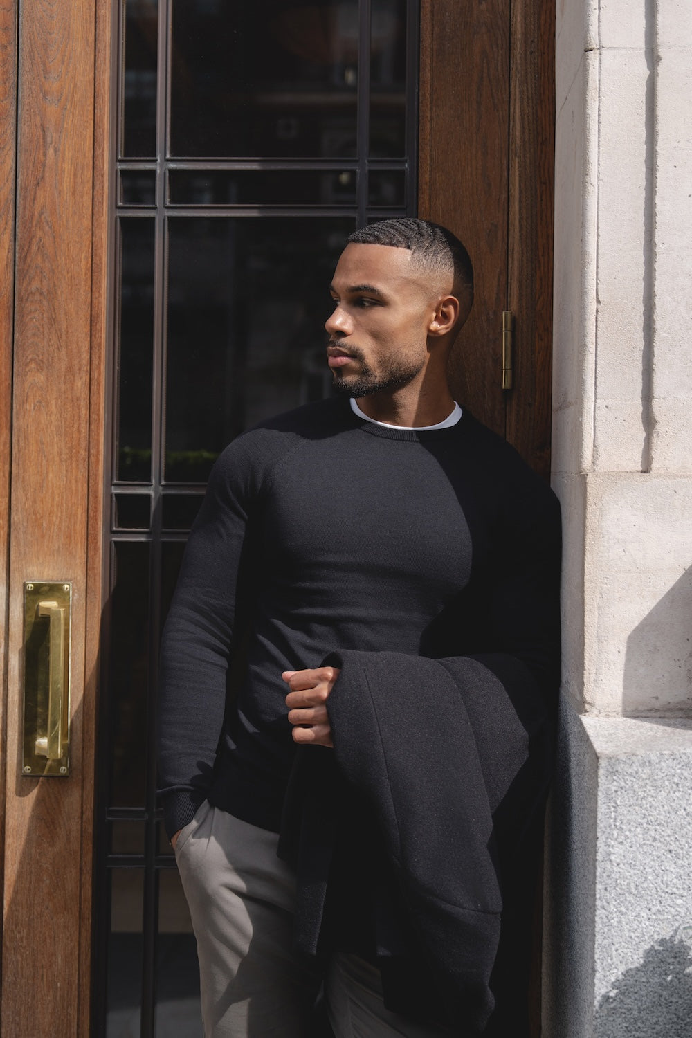 Pure Cotton Knitted Crew Neck Jumper in Black