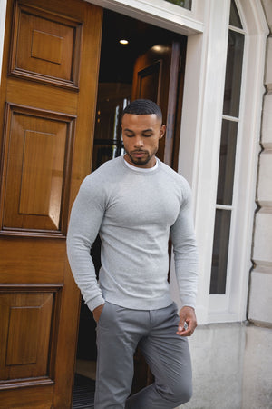Pure Cotton Knitted Crew Neck Jumper in Silver Grey Marl