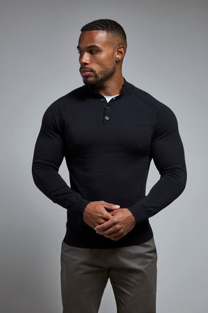 Pure Cotton Knitted Button Neck Jumper in Black