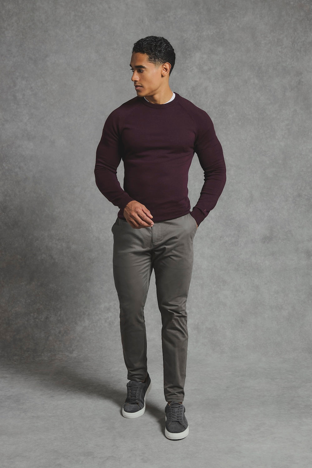 Pure Cotton Knitted Crew Neck Jumper in Dark Bordeaux
