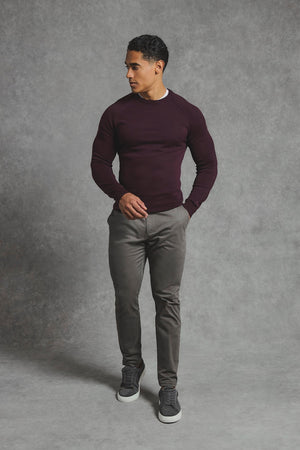 Pure Cotton Knitted Crew Neck Jumper in Dark Bordeaux