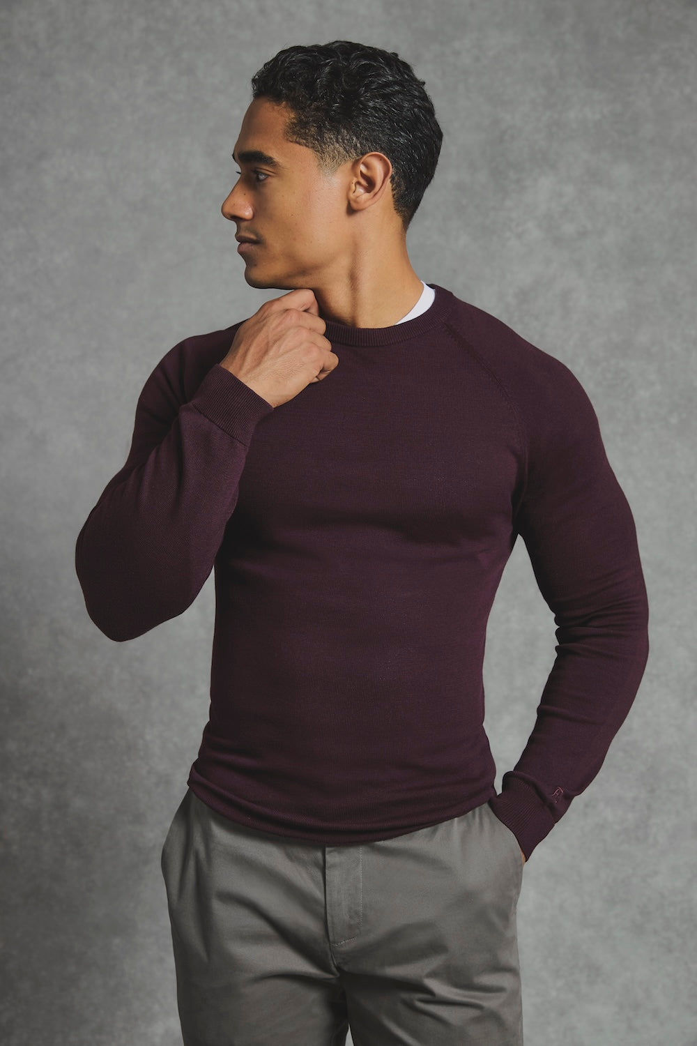 Pure Cotton Knitted Crew Neck Jumper in Dark Bordeaux