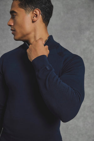 Pure Cotton Knitted Half Zip Neck Jumper in Navy