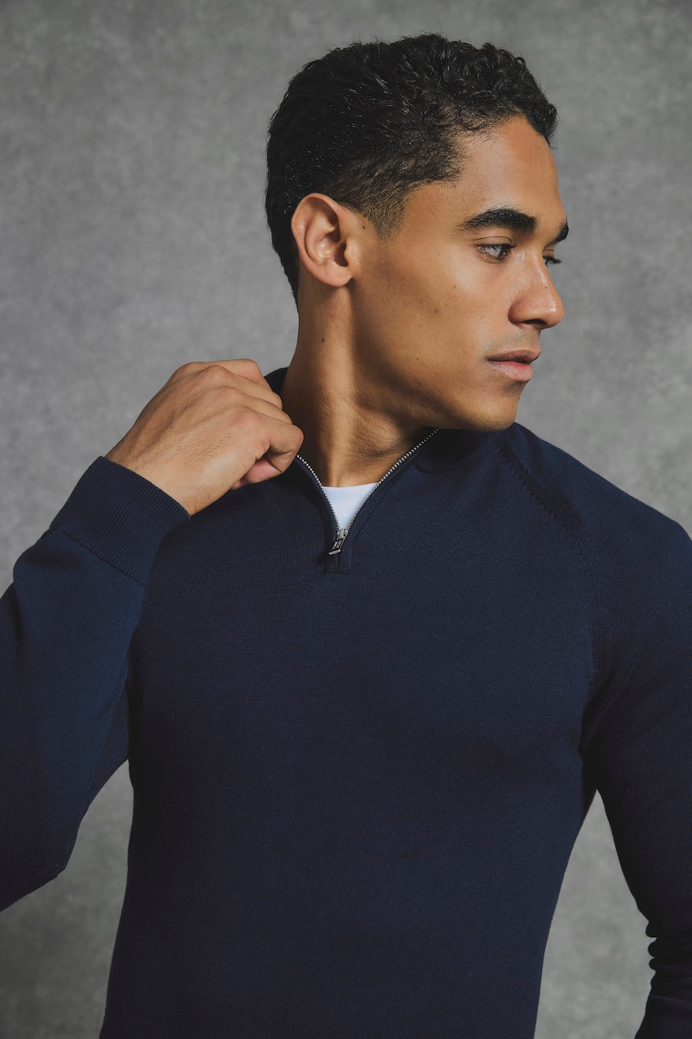 Pure Cotton Knitted Half Zip Neck Jumper in Navy