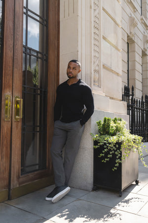 Pure Cotton Knitted Open Collar Polo Shirt in Black