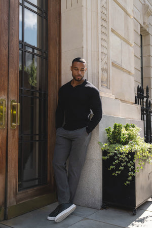 Pure Cotton Knitted Open Collar Polo Shirt in Black