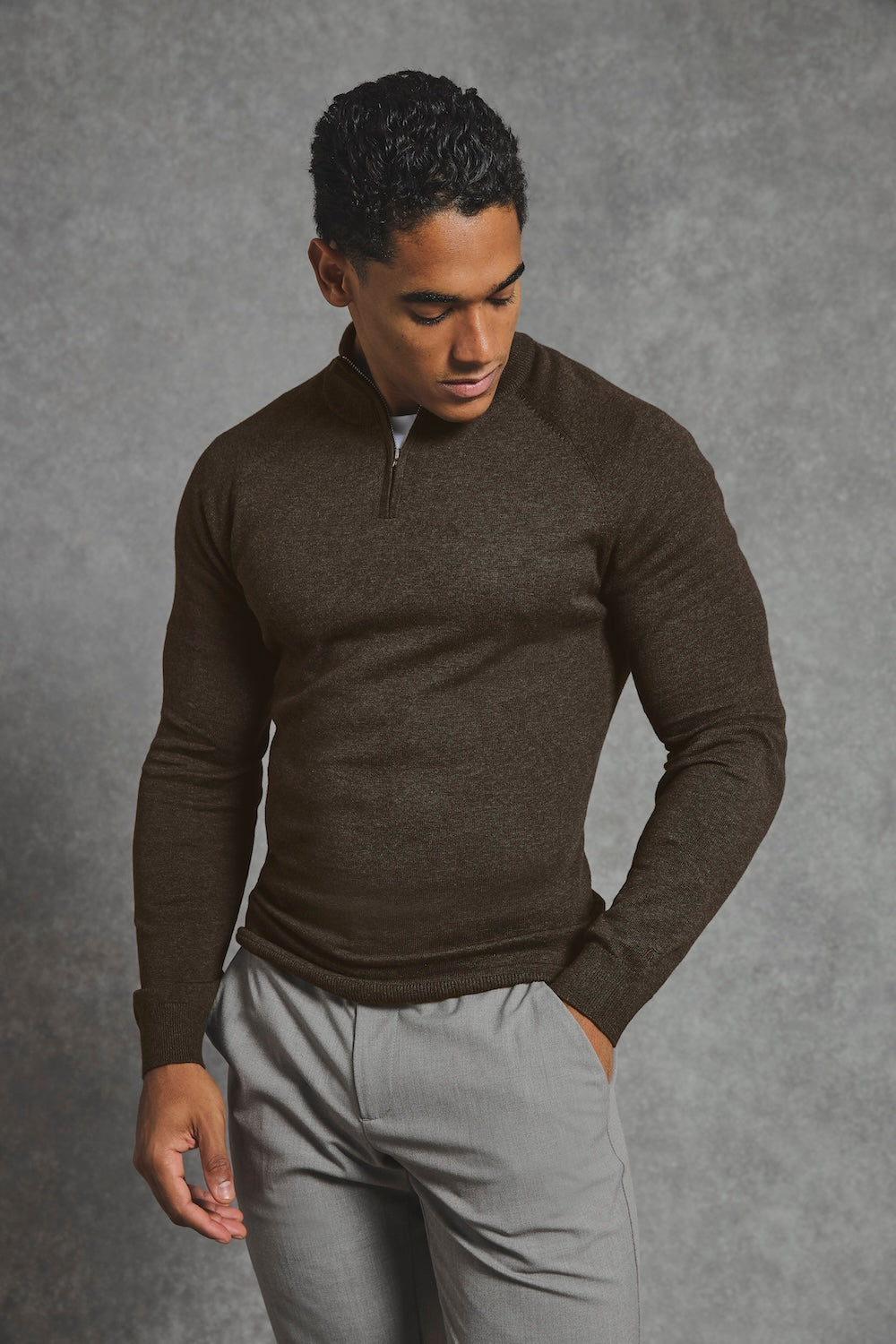 Pure Cotton Knitted Half Zip Neck Jumper in Brown Marl