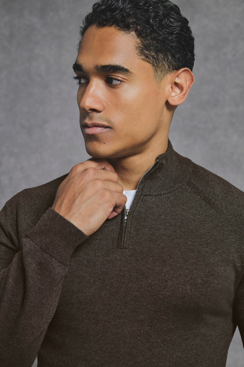 Pure Cotton Knitted Half Zip Neck Jumper in Brown Marl