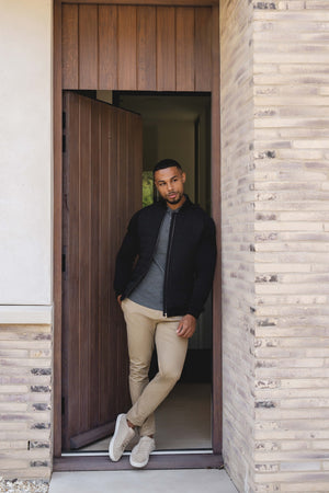 Quilted Hybrid Bomber Jacket in Black