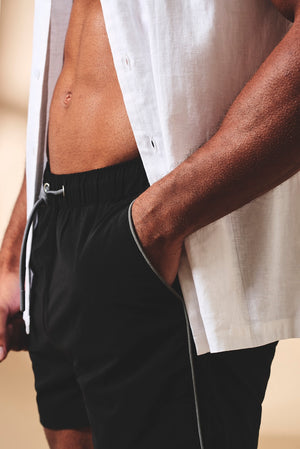 Quick Dry Piped Swim Short in Black and Graphite