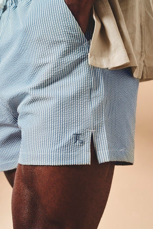 Quick Dry Seersucker Stripe Swim Short in Blue and White